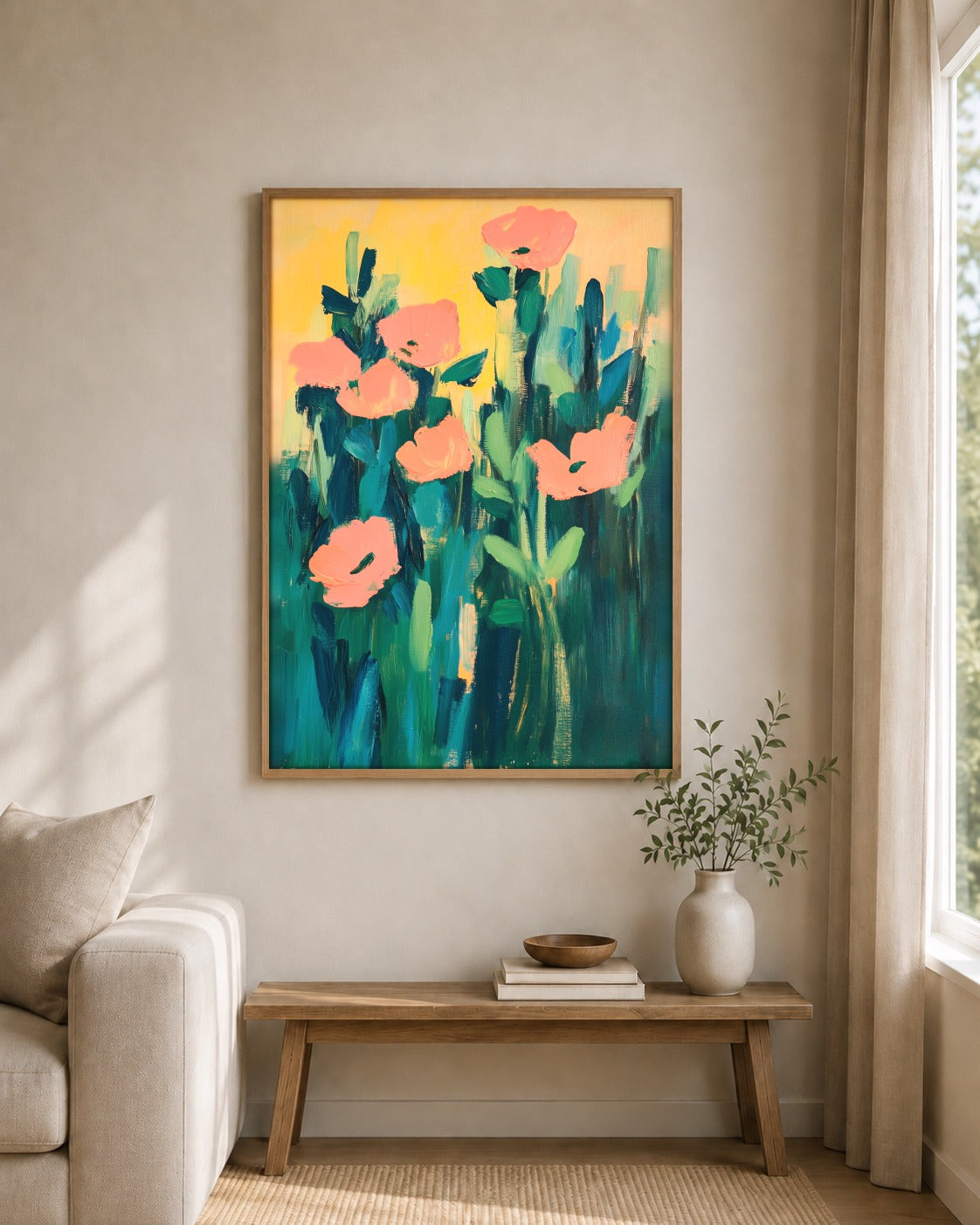 Coral Poppies framed wall art styled on an interior wall