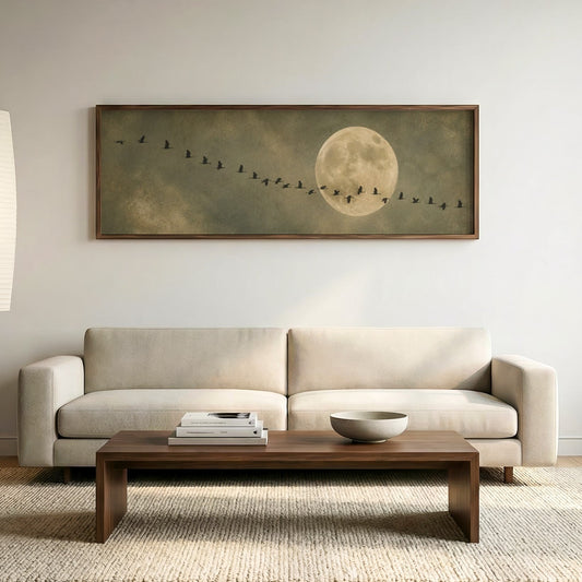 The Crossing | Moon & Cranes Panoramic Wall Art