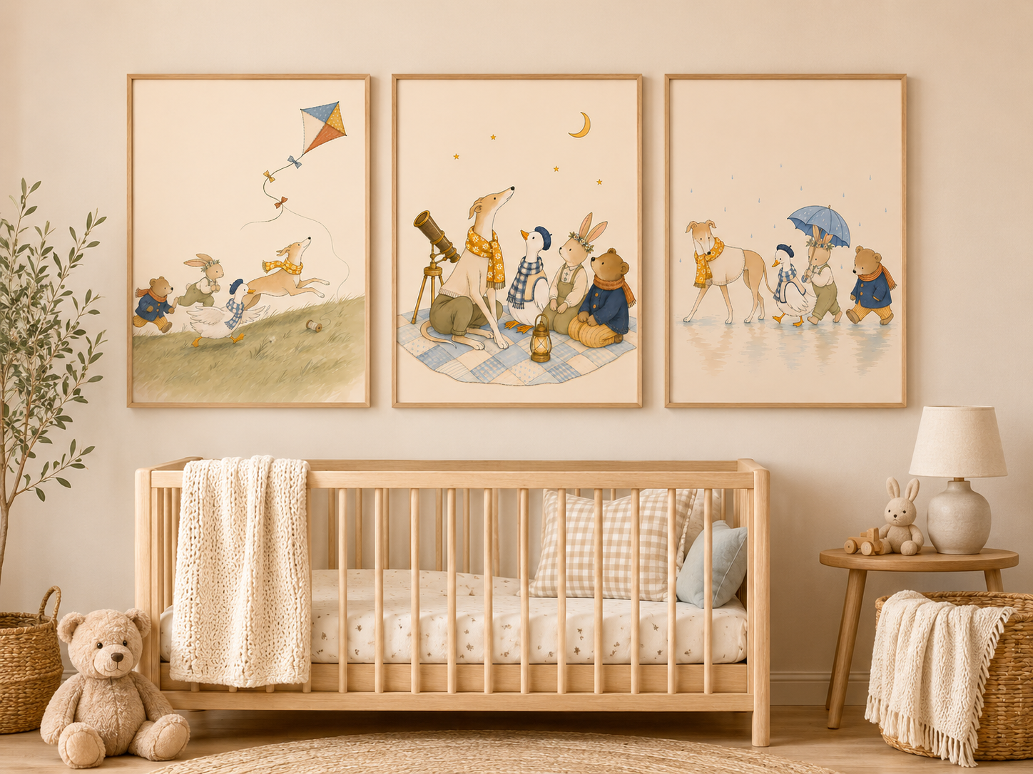 Daisy & Friends set of 3 nursery wall art prints in a neutral Scandinavian nursery