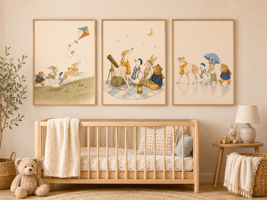 Daisy & Friends set of 3 nursery wall art prints in a neutral Scandinavian nursery