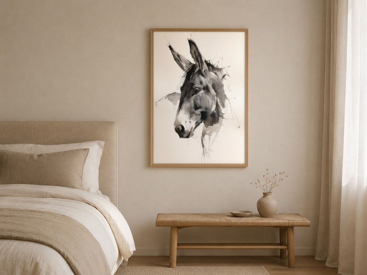 Donkey watercolour animal print, framed in a styled interior
