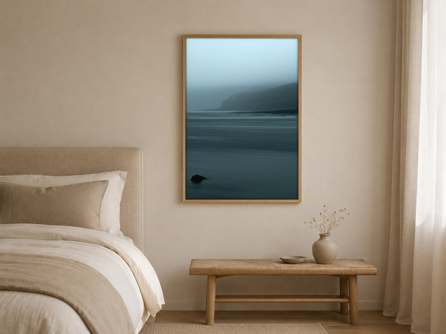 The Distant Headland misty coastal wall art, framed in a styled interior