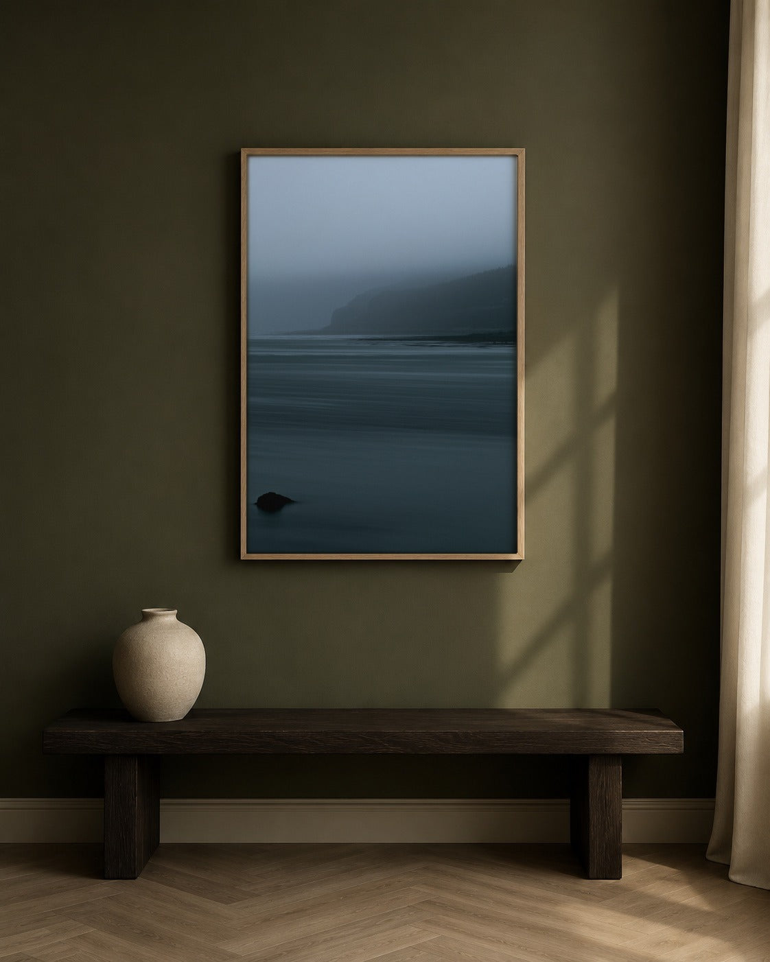 The Distant Headland framed coastal artwork in a contemporary interior