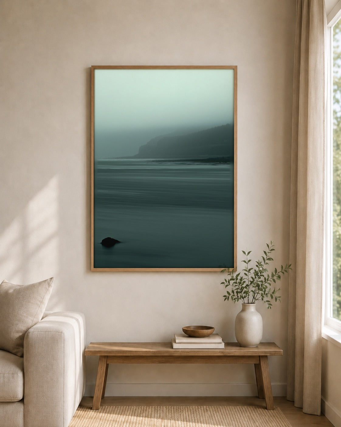 The Distant Headland framed wall art styled on an interior wall
