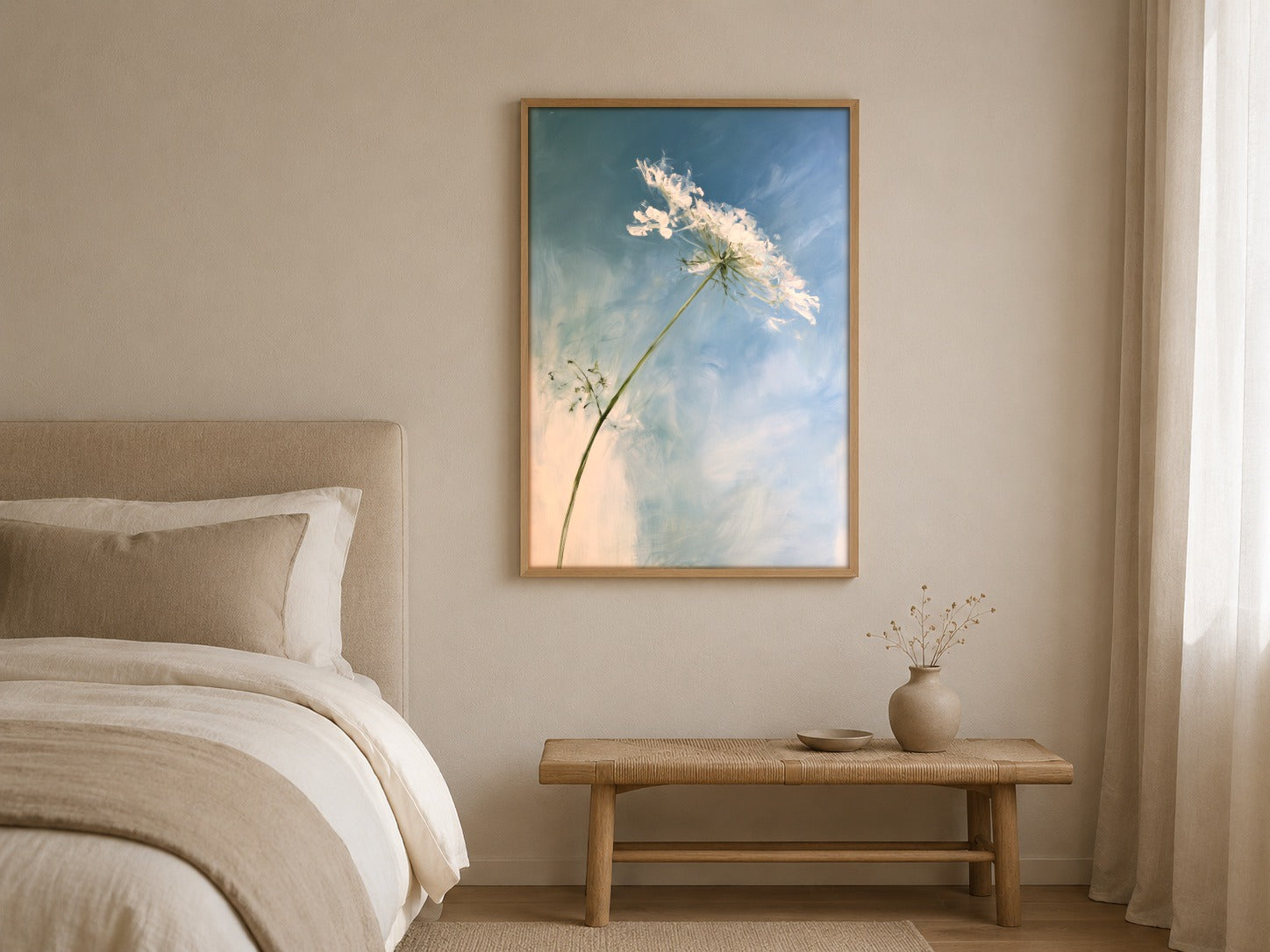 Cow Parsley Blue botanical wall art, framed in a styled interior