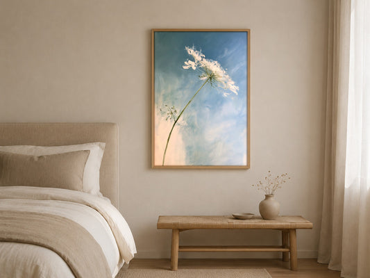 Cow Parsley Blue botanical wall art, framed in a styled interior