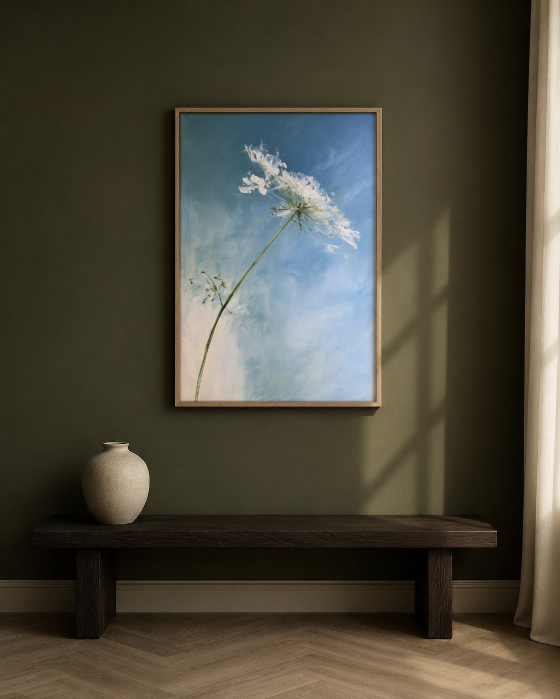 Cow Parsley Blue framed wildflower artwork in a contemporary interior