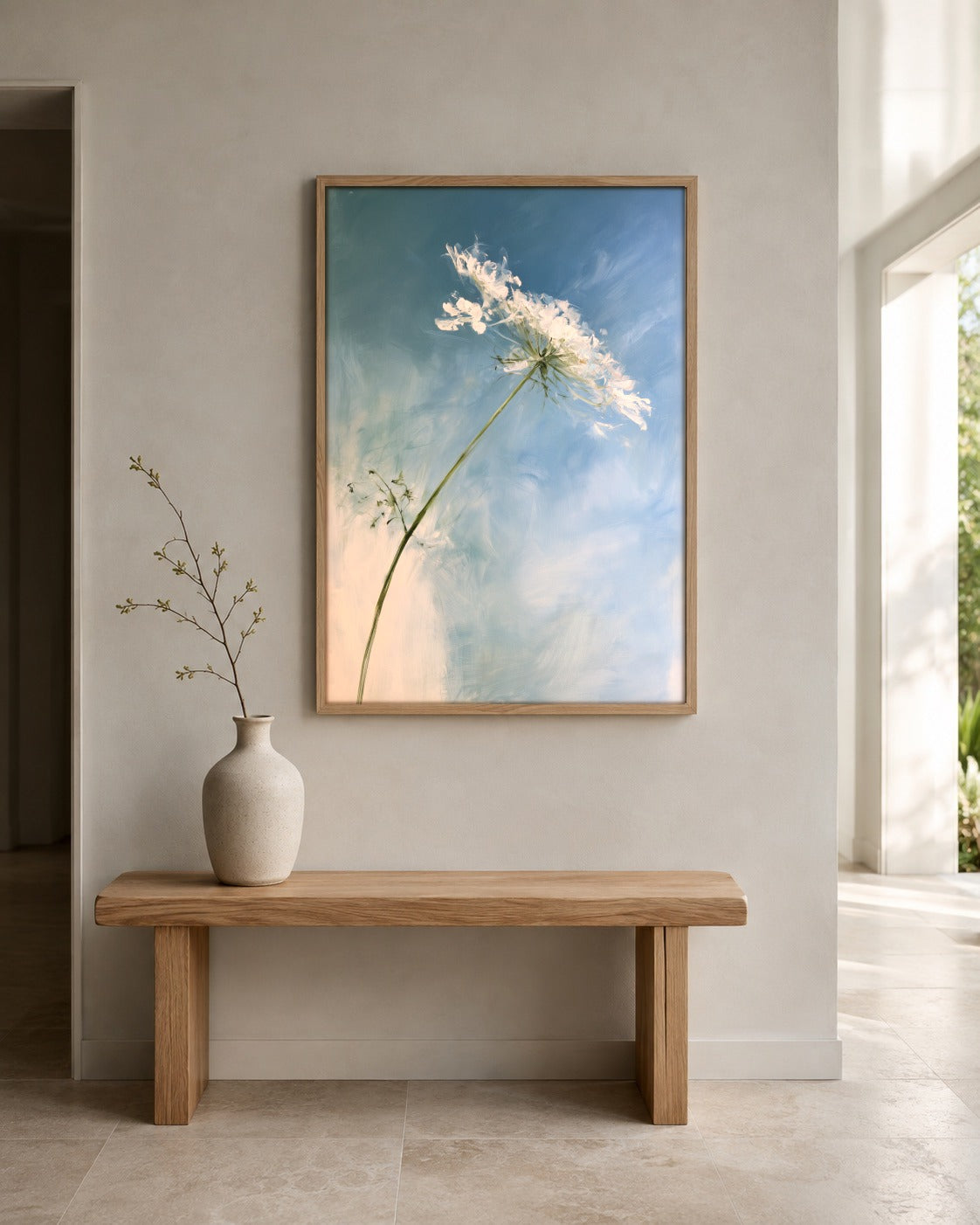 Cow Parsley Blue floral wall art displayed in a home interior