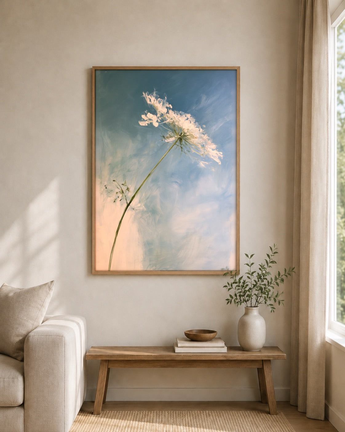 Cow Parsley Blue framed wall art styled on an interior wall
