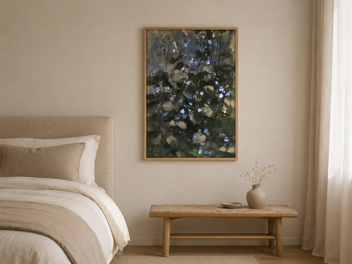Forget-Me-Not blue botanical wall art, framed in a styled interior