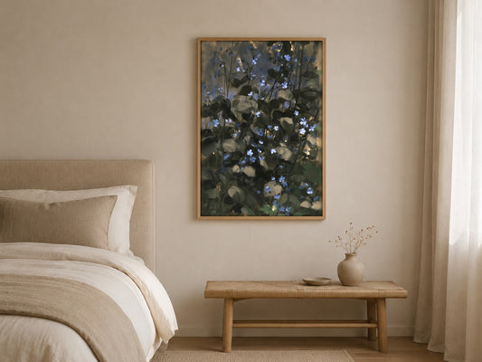 Forget-Me-Not blue botanical wall art, framed in a styled interior
