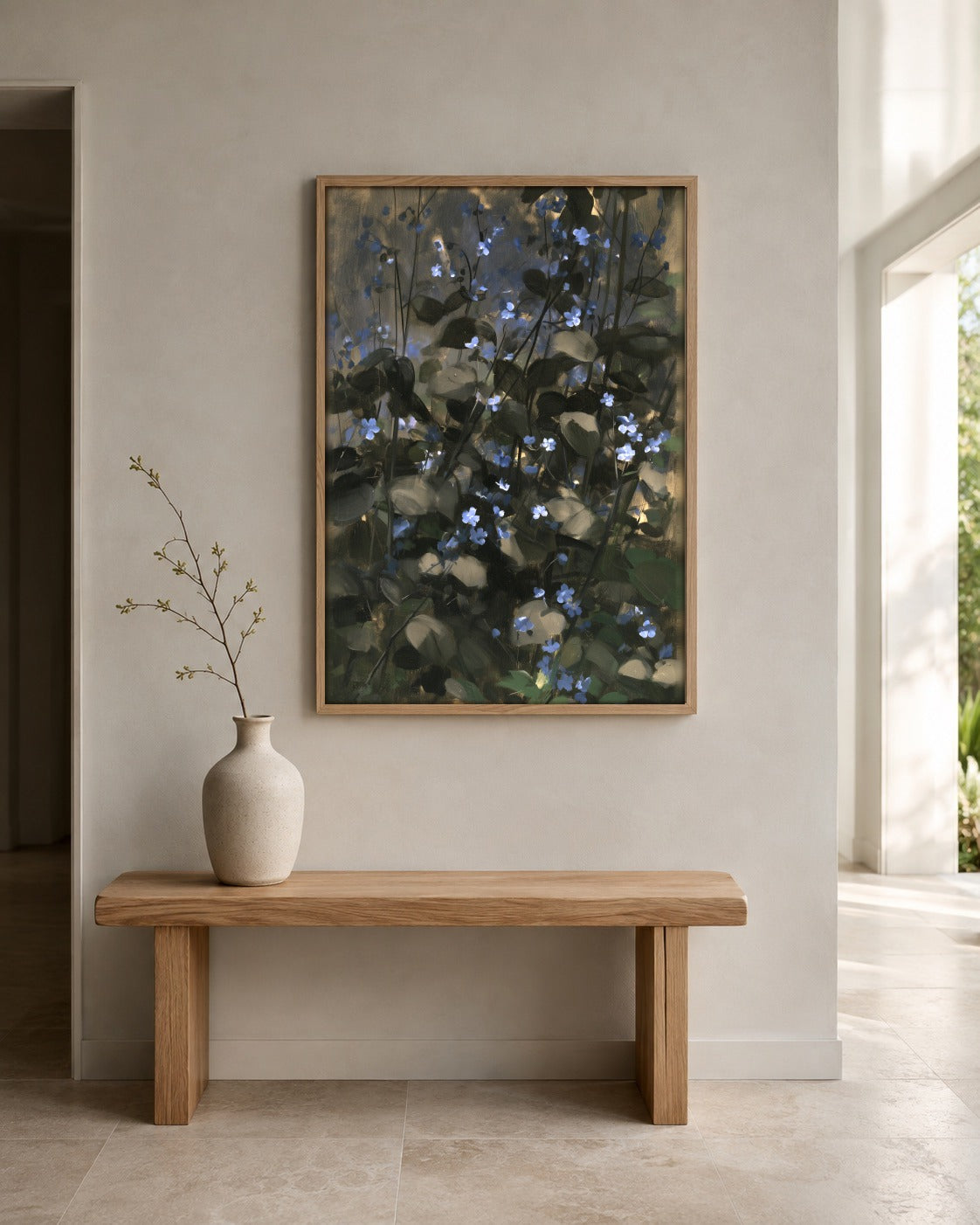 Forget-Me-Not blue floral wall art displayed in a home interior