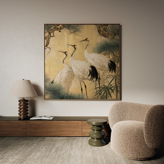 Golden Cranes square Japanese inspired bird canvas wall art by Daisy & Co