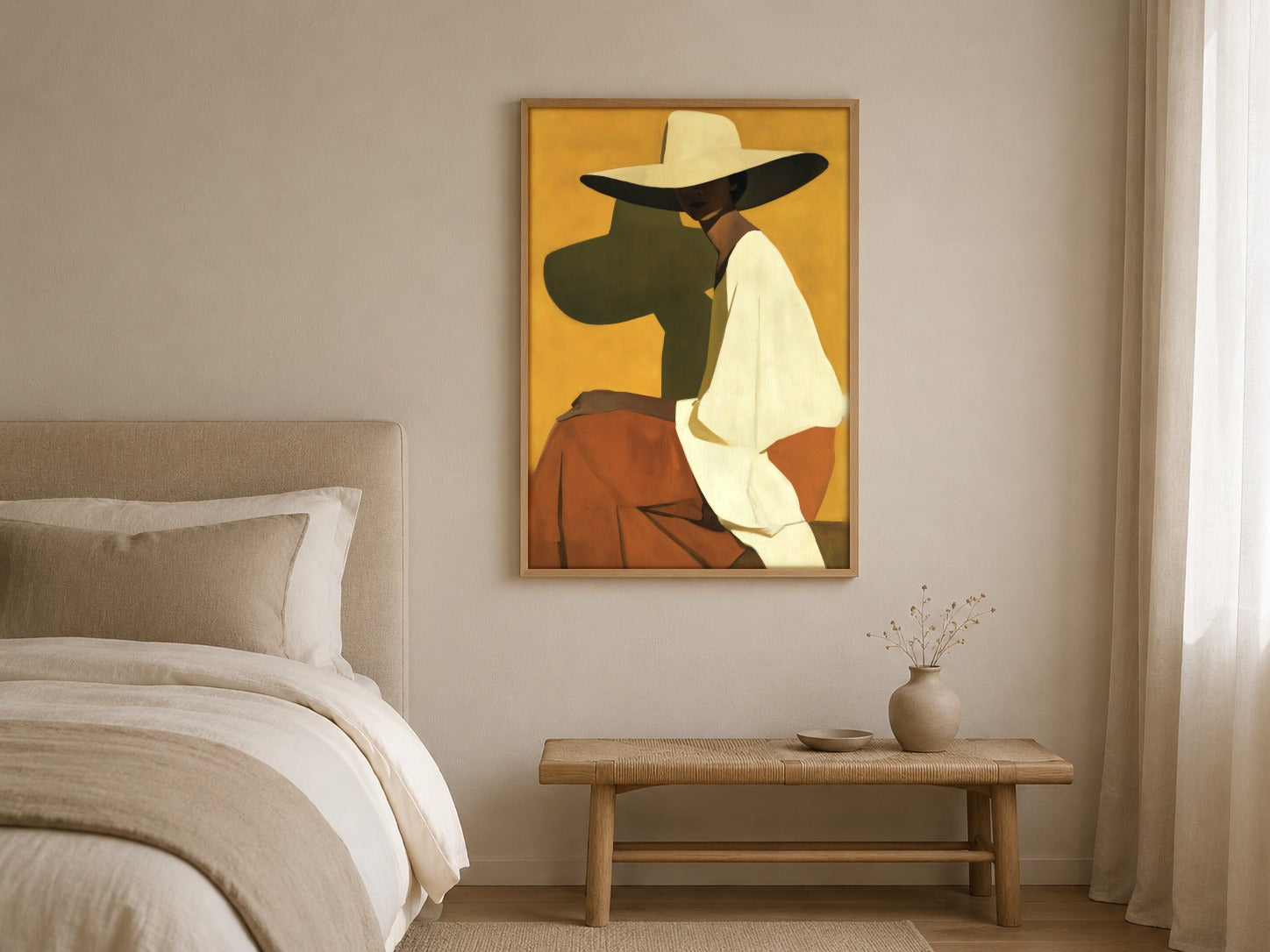 The Wide Brim woman in hat wall art, framed in a styled interior