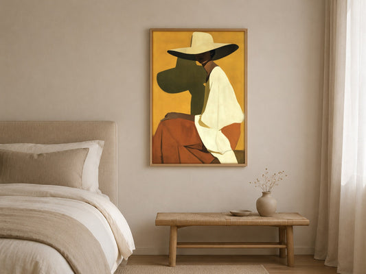 The Wide Brim woman in hat wall art, framed in a styled interior