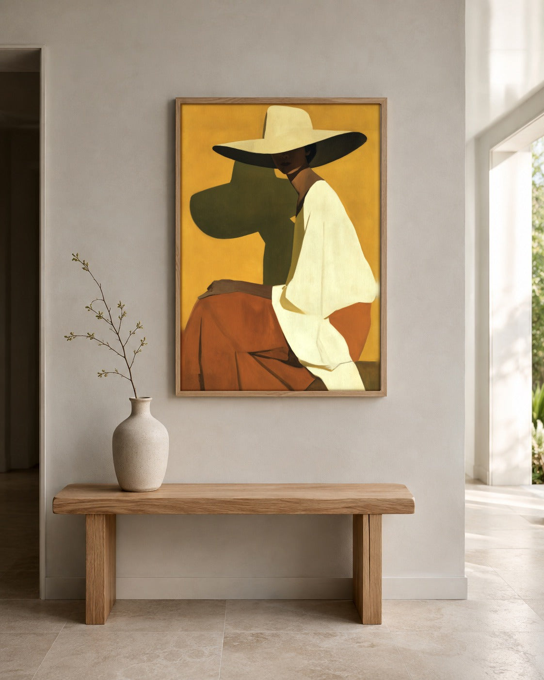The Wide Brim woman in hat artwork displayed in a home interior