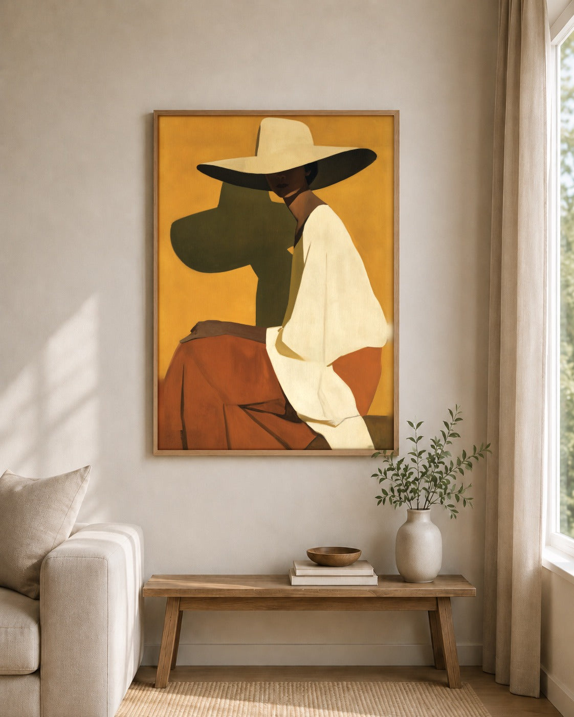 The Wide Brim framed wall art styled on an interior wall