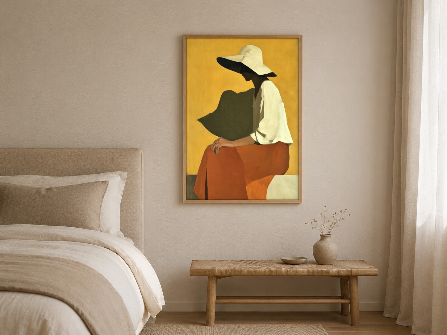 Under the Brim woman in hat wall art, framed in a styled interior