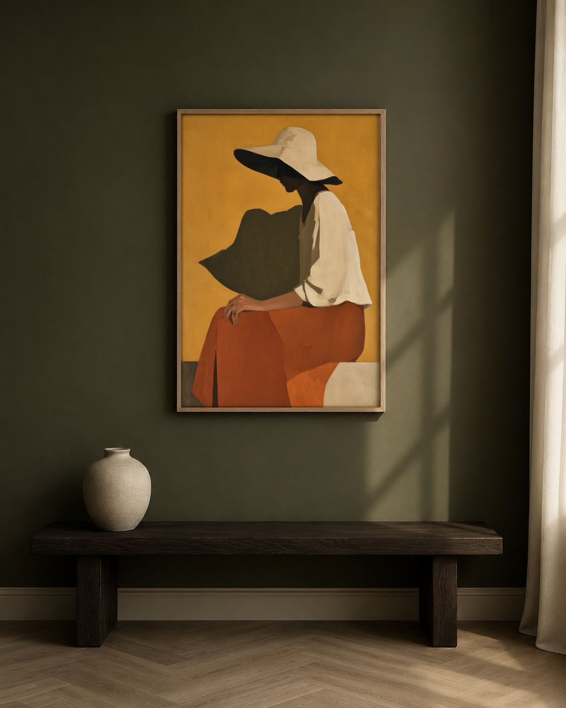 Under the Brim framed figurative artwork in a contemporary interior