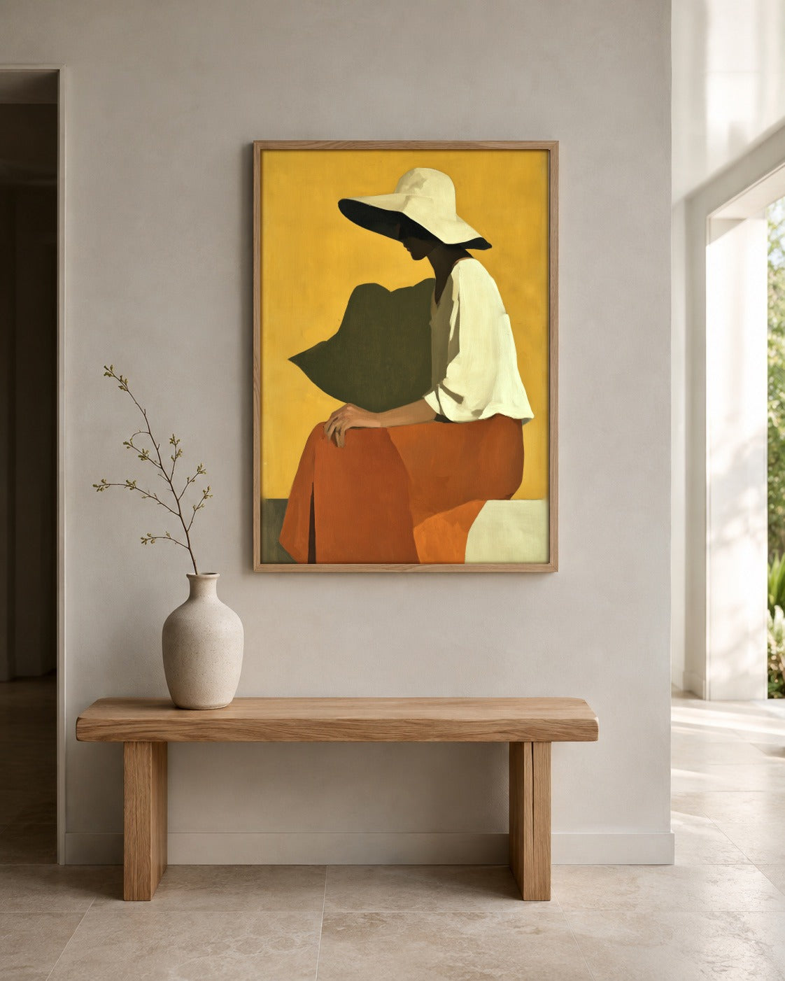 Under the Brim woman in hat artwork displayed in a home interior