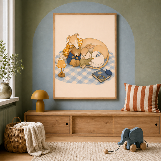 Goodnight Little Friends animal nursery wall art in a colourful Scandinavian nursery