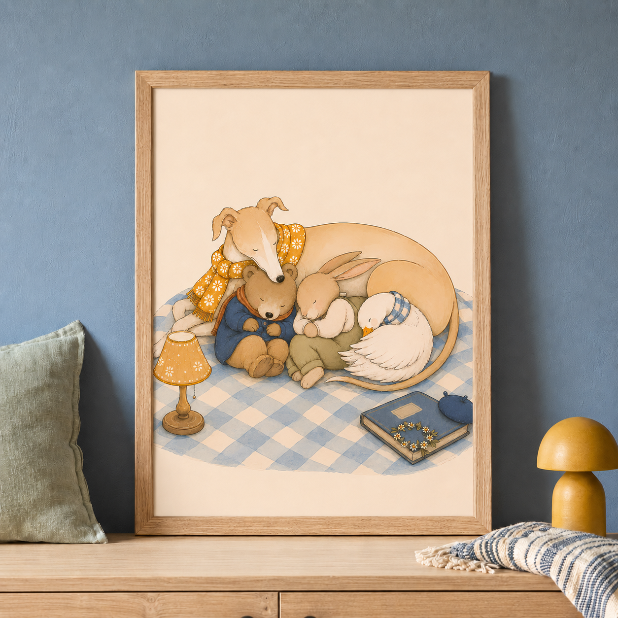 Goodnight Little Friends nursery print in a natural oak frame