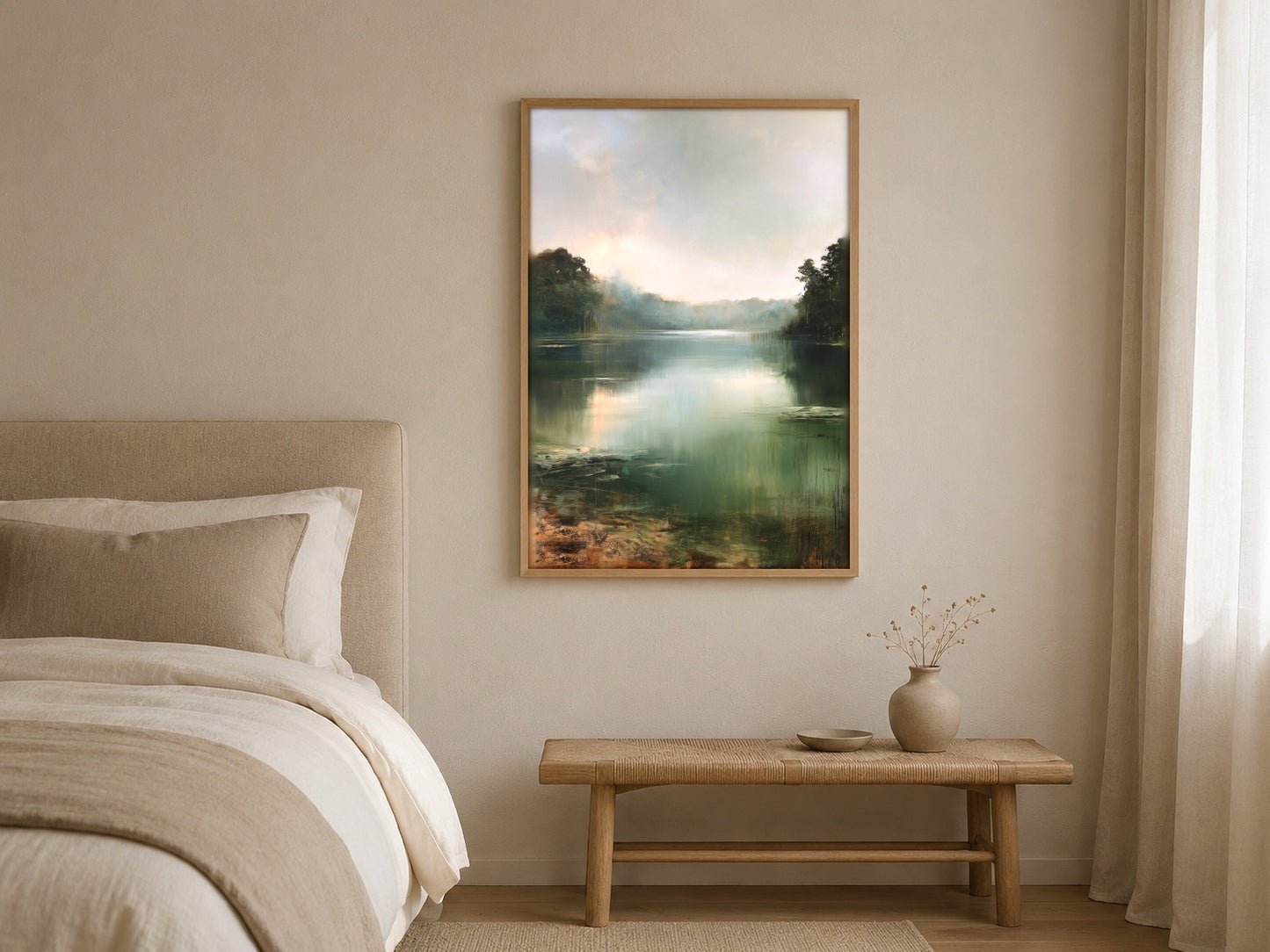 The Quiet Lake lake wall art, framed in a styled interior