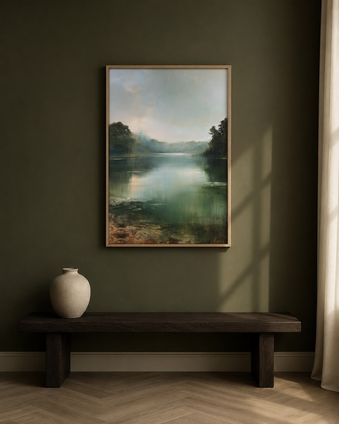 The Quiet Lake framed landscape artwork in a contemporary interior