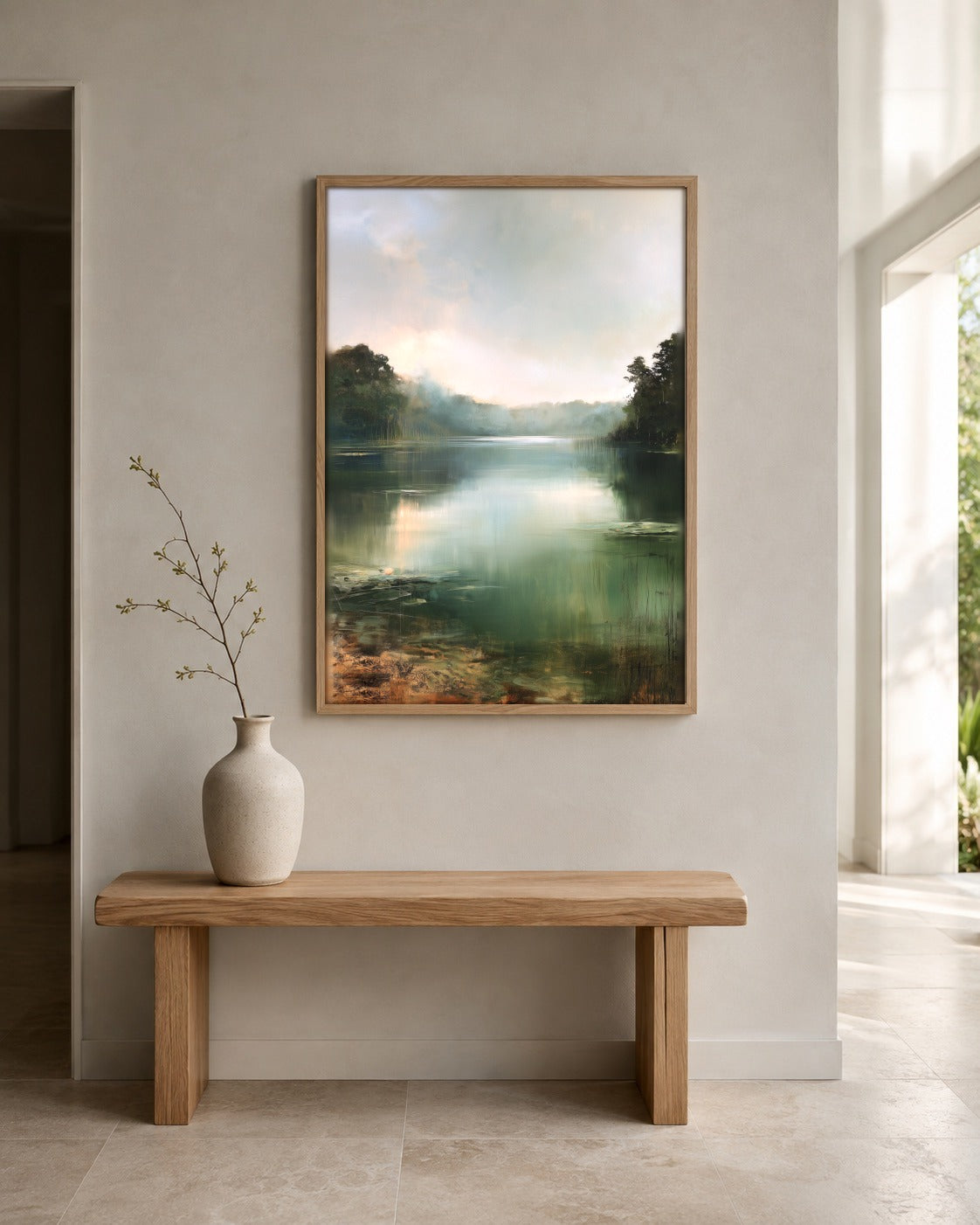 The Quiet Lake calm lake wall art displayed in a home interior