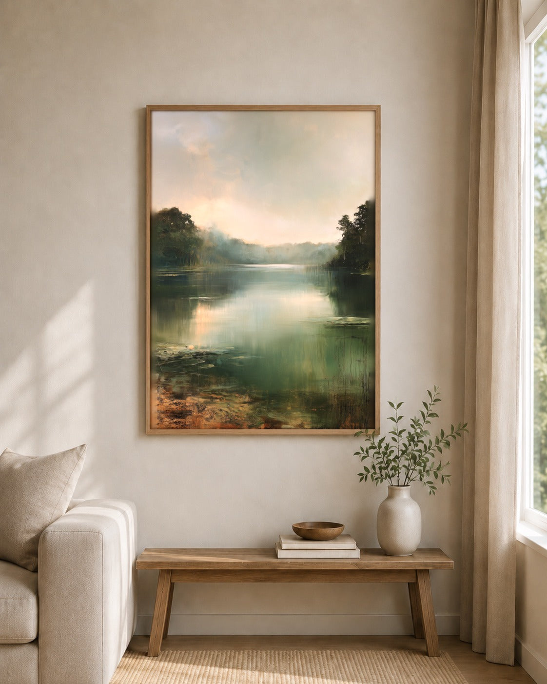 The Quiet Lake framed wall art styled on an interior wall
