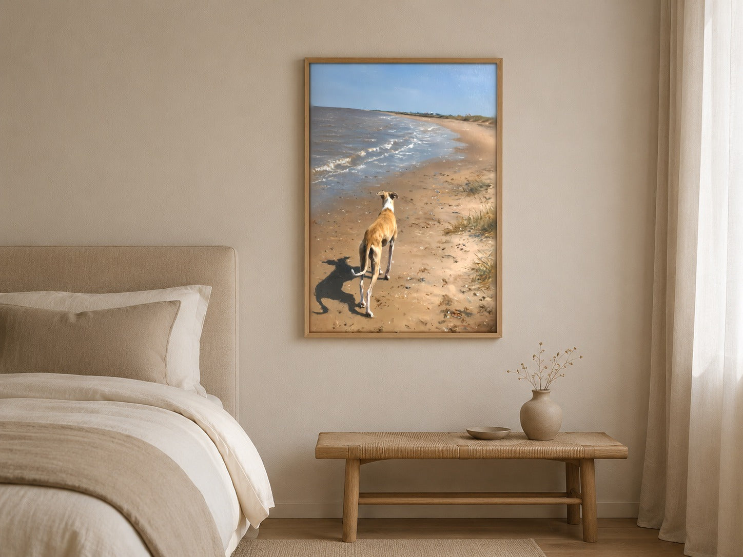 Along the Shore coastal greyhound wall art displayed in a home interior