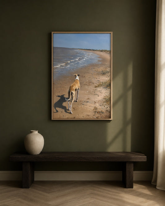 Along the Shore greyhound coastal wall art, framed in a styled interior
