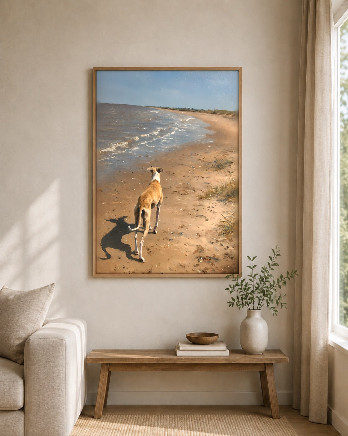 Along the Shore framed greyhound artwork in a contemporary interior