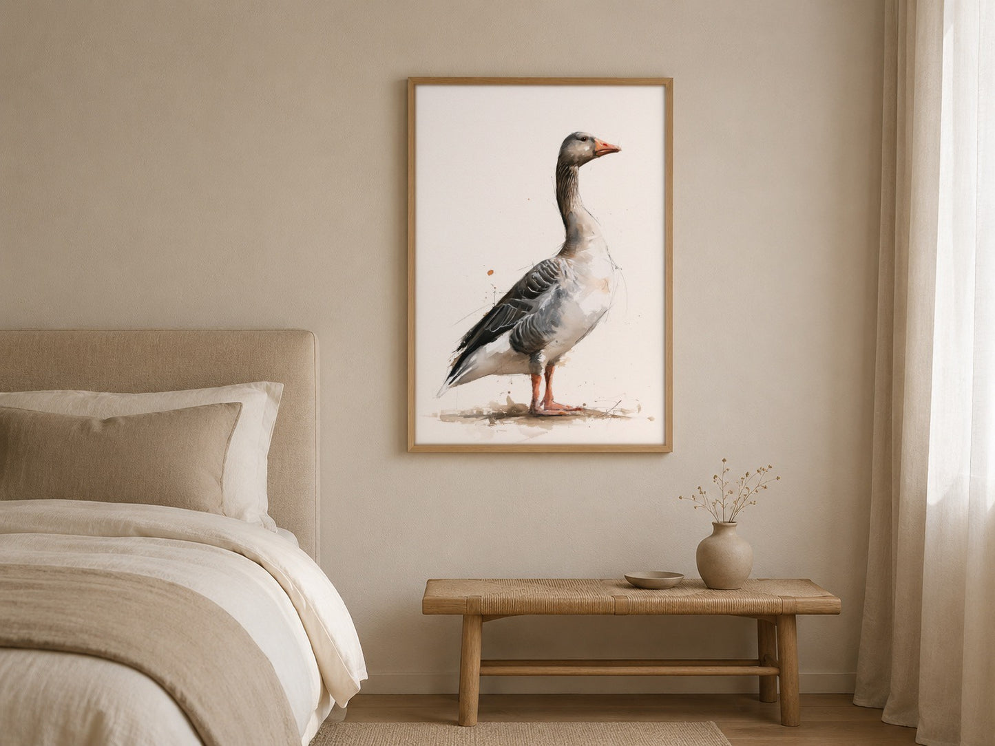 Greylag Goose watercolour bird print, framed in a styled interior