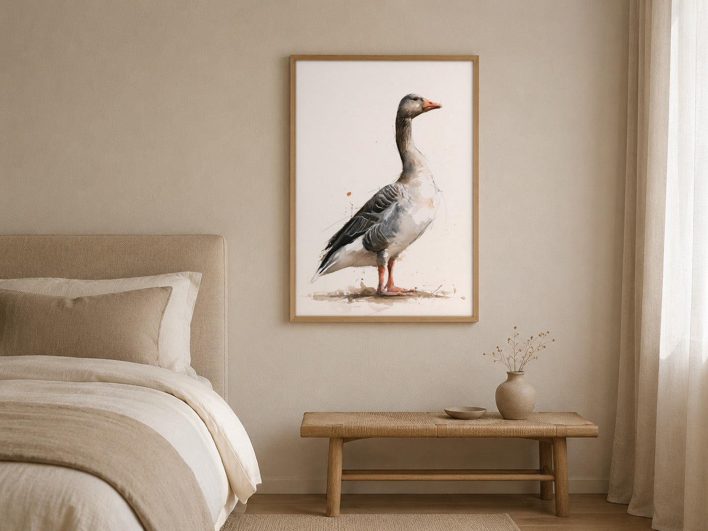Greylag Goose watercolour bird print, framed in a styled interior