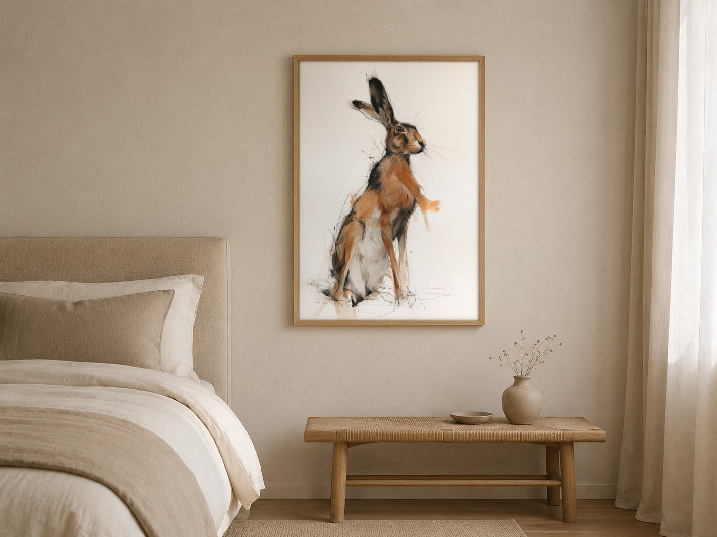 Hare watercolour wildlife print, framed in a styled interior