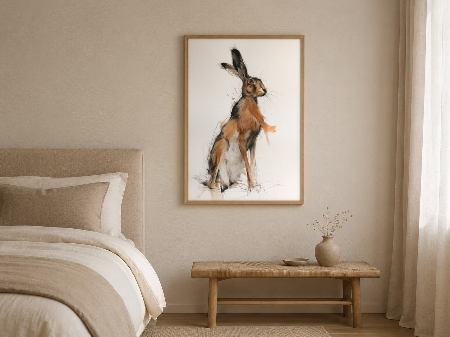 Hare watercolour wildlife print, framed in a styled interior