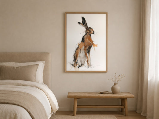 Hare watercolour wildlife print, framed in a styled interior