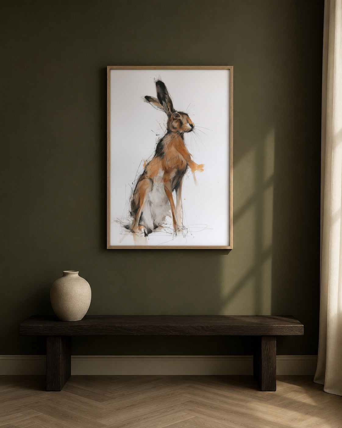 Hare framed watercolour artwork in a contemporary interior