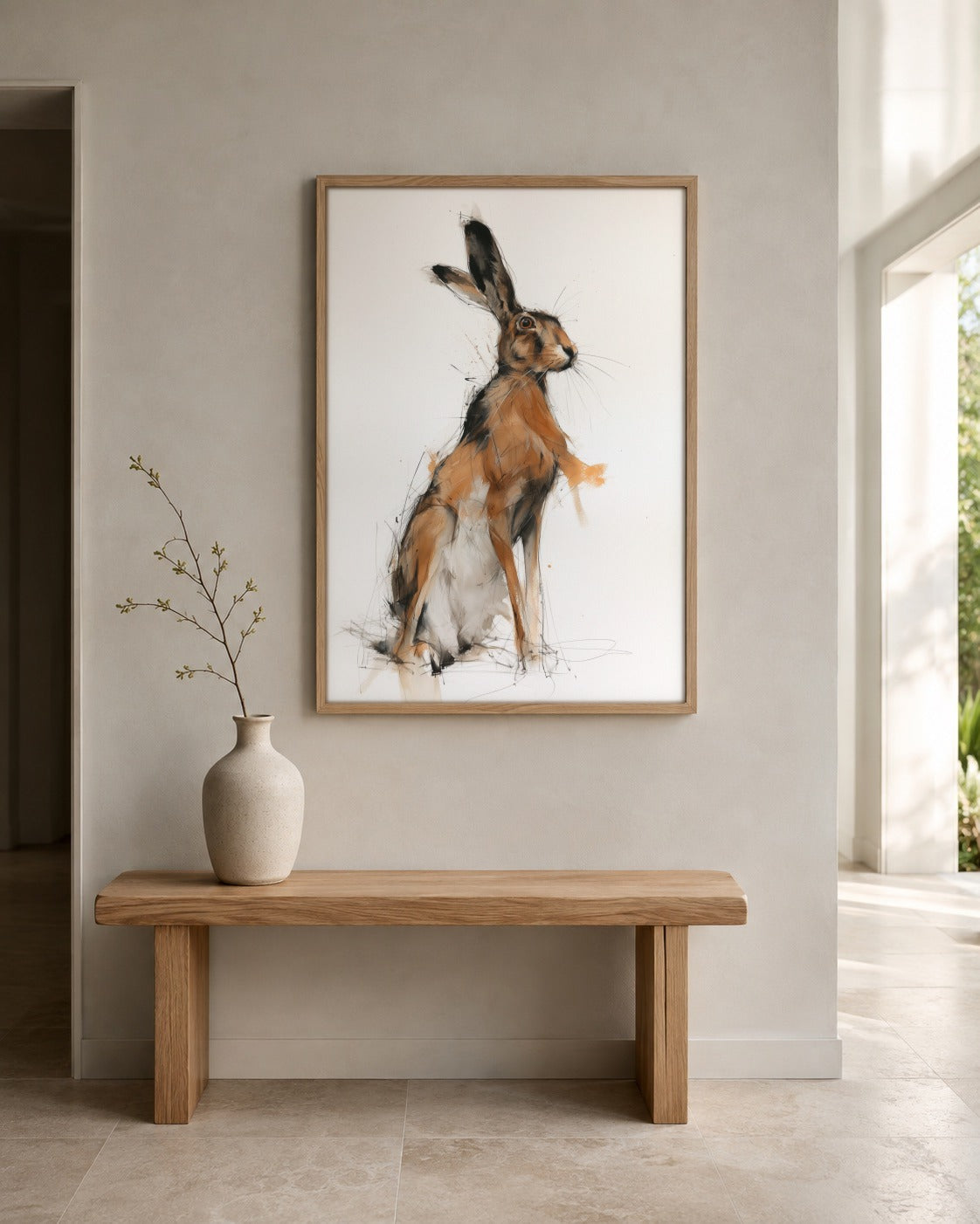 Hare wildlife wall art displayed in a home interior