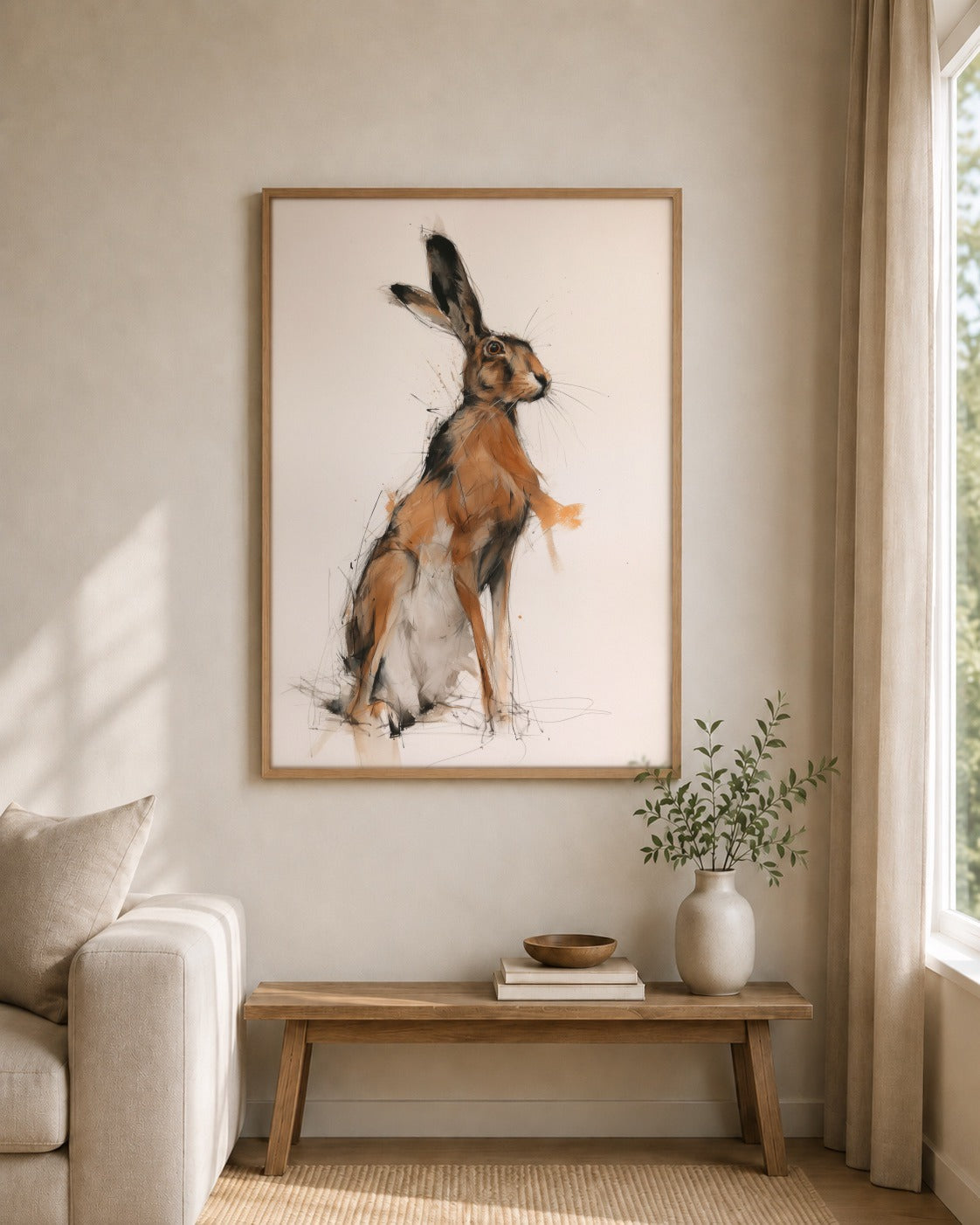 Hare framed wall art styled on an interior wall