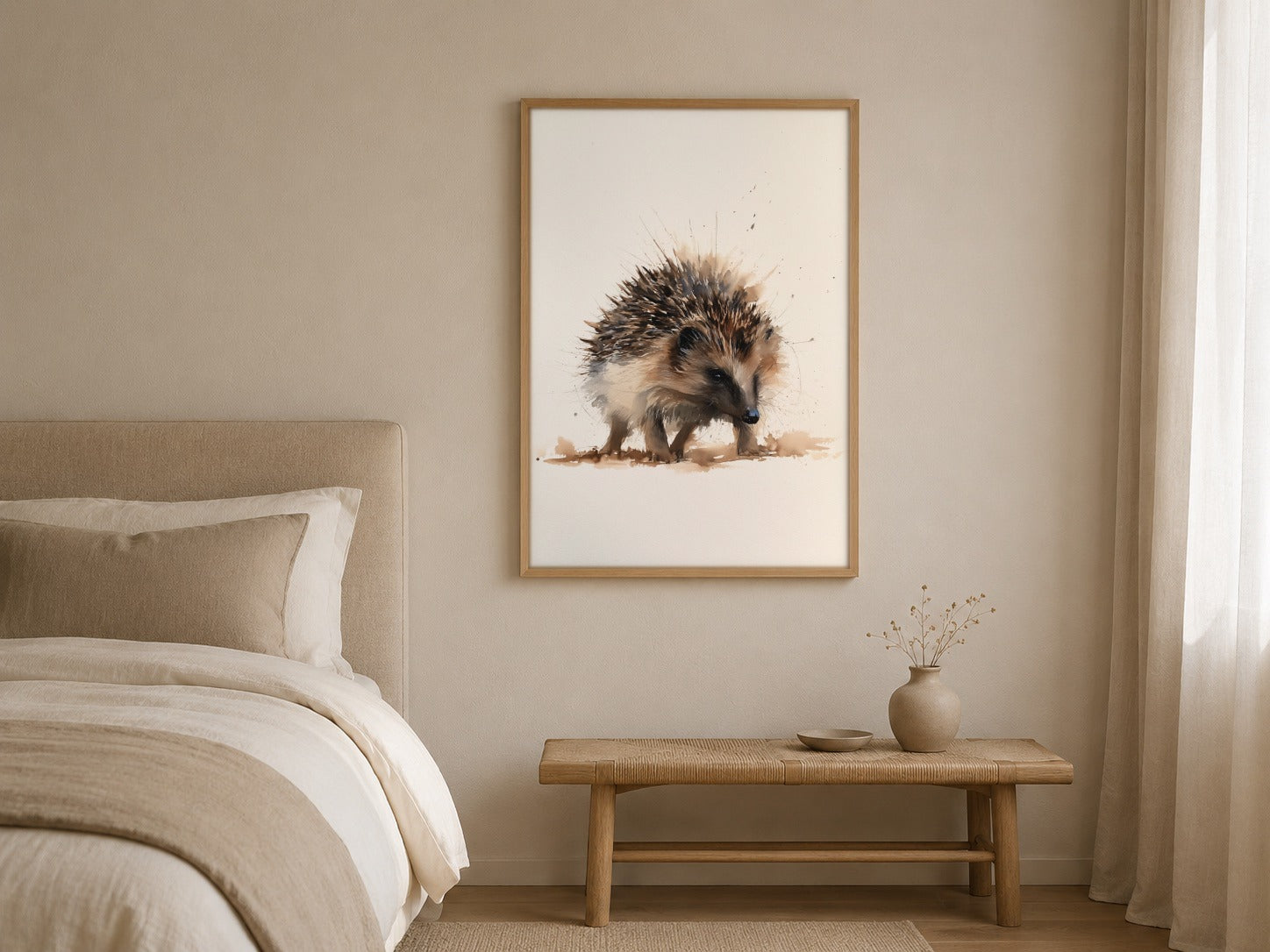 Hedgehog watercolour wildlife print, framed in a styled interior