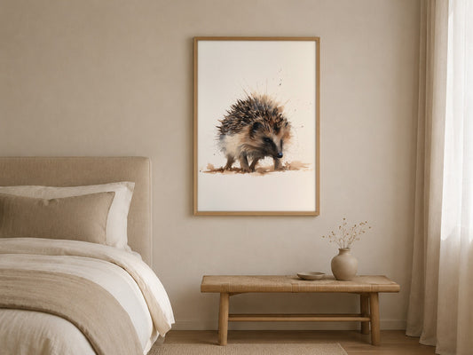 Hedgehog watercolour wildlife print, framed in a styled interior