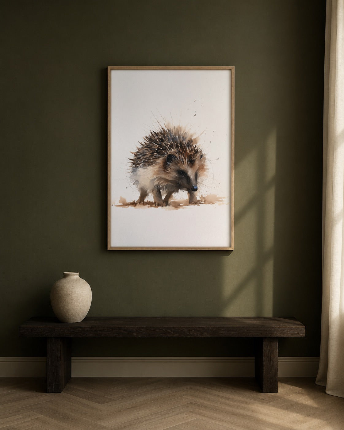Hedgehog framed watercolour artwork in a contemporary interior