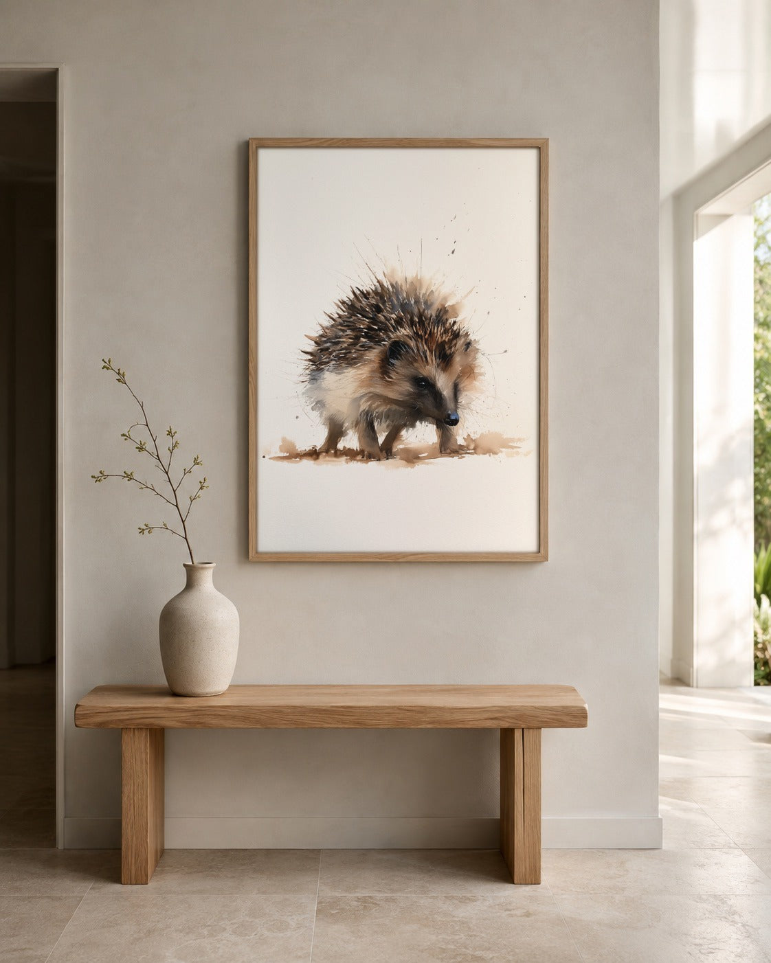 Hedgehog wildlife wall art displayed in a home interior