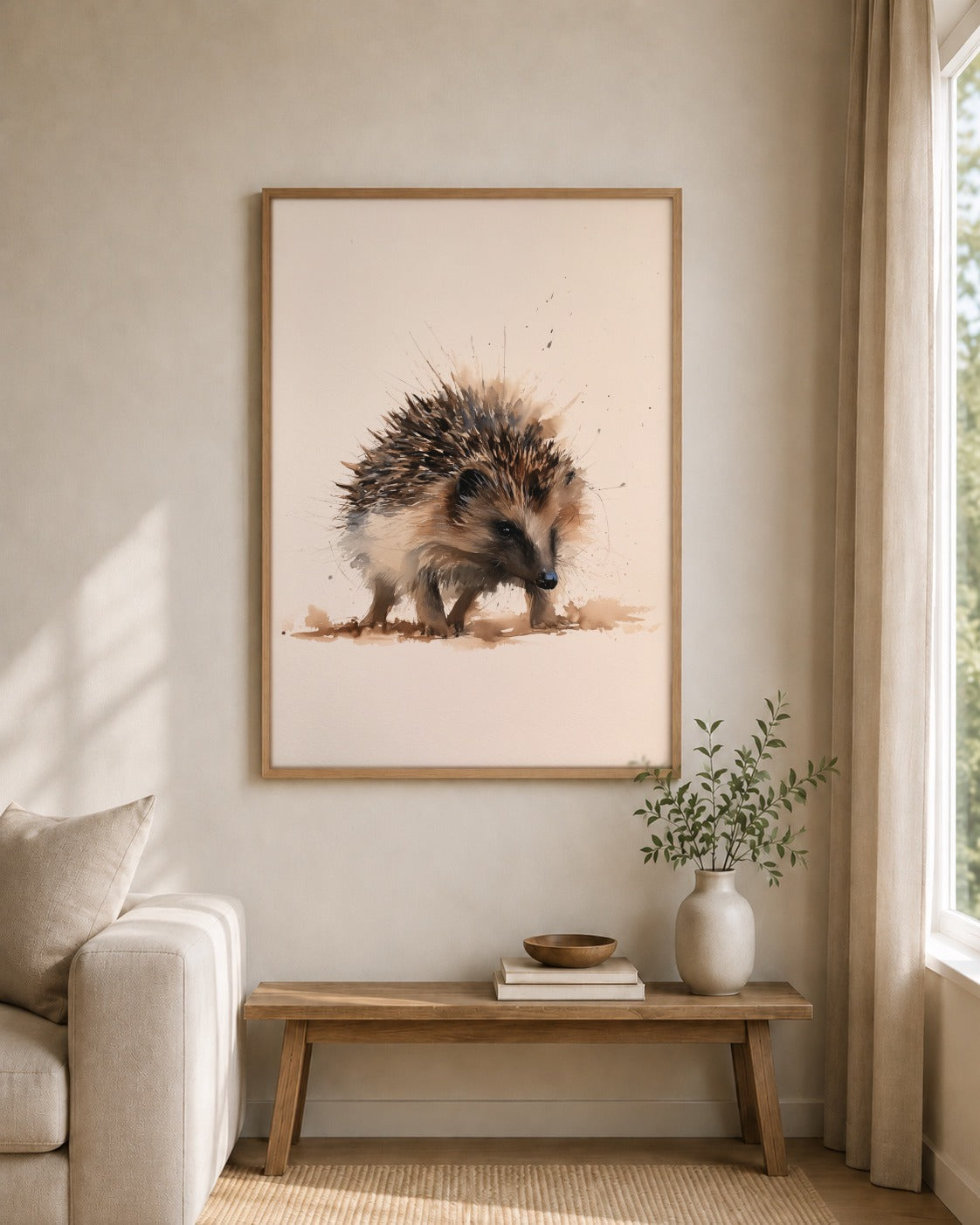 Hedgehog framed wall art styled on an interior wall
