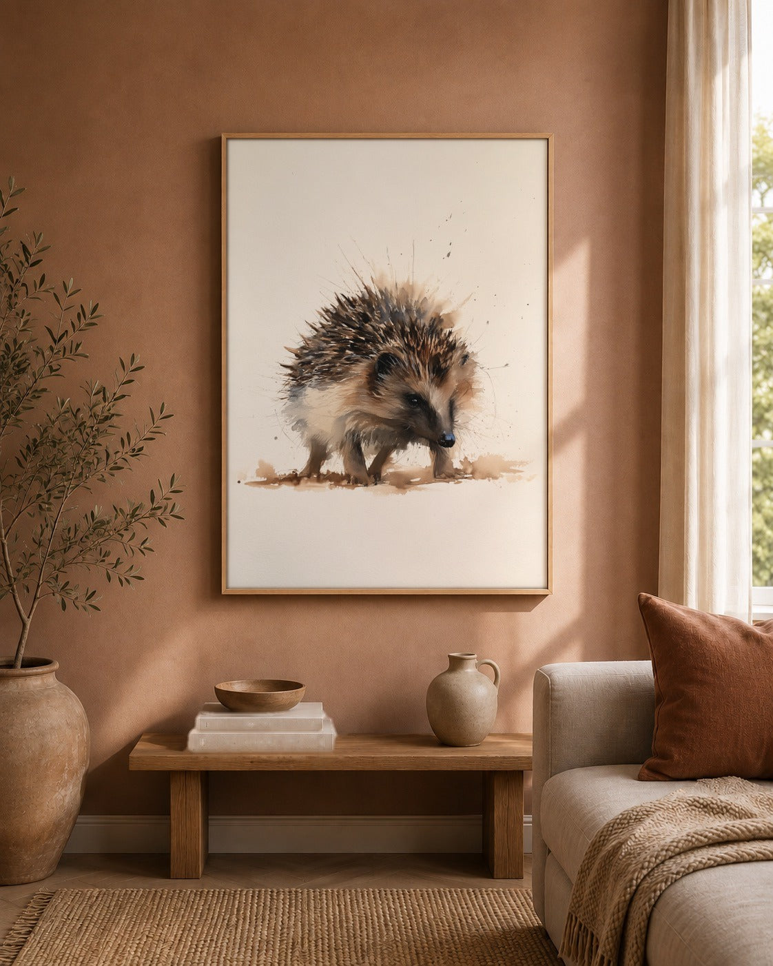 Hedgehog watercolour wildlife artwork interior view