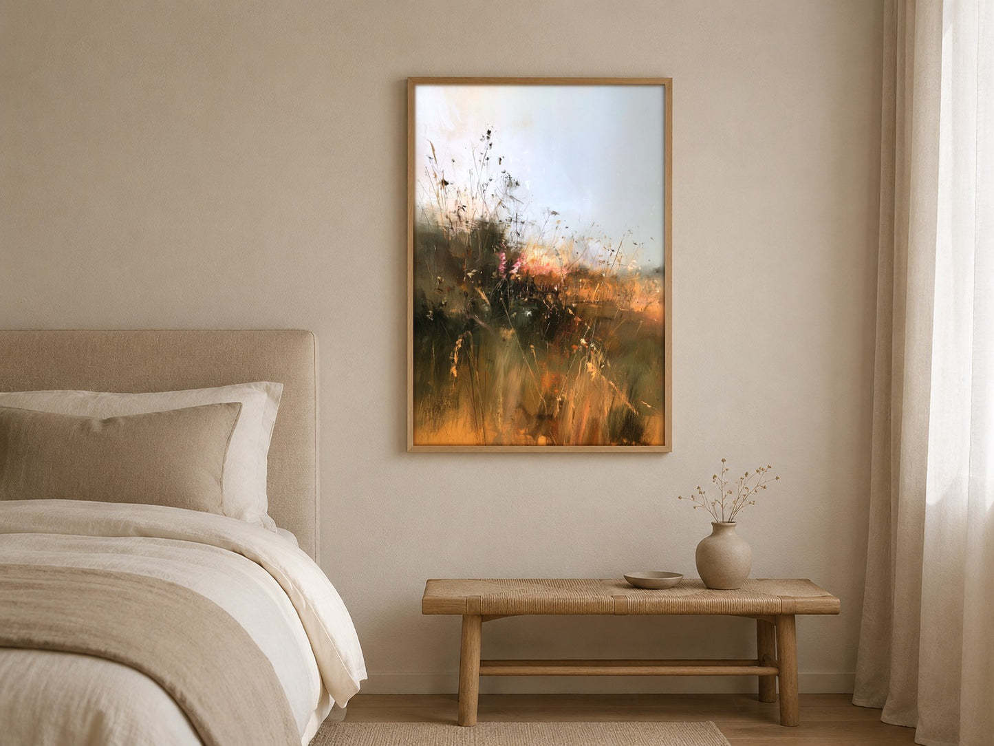 At Golden Hour meadow wall art, framed in a styled interior