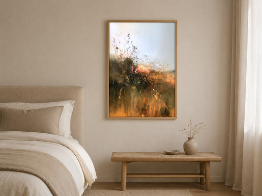 At Golden Hour meadow wall art, framed in a styled interior