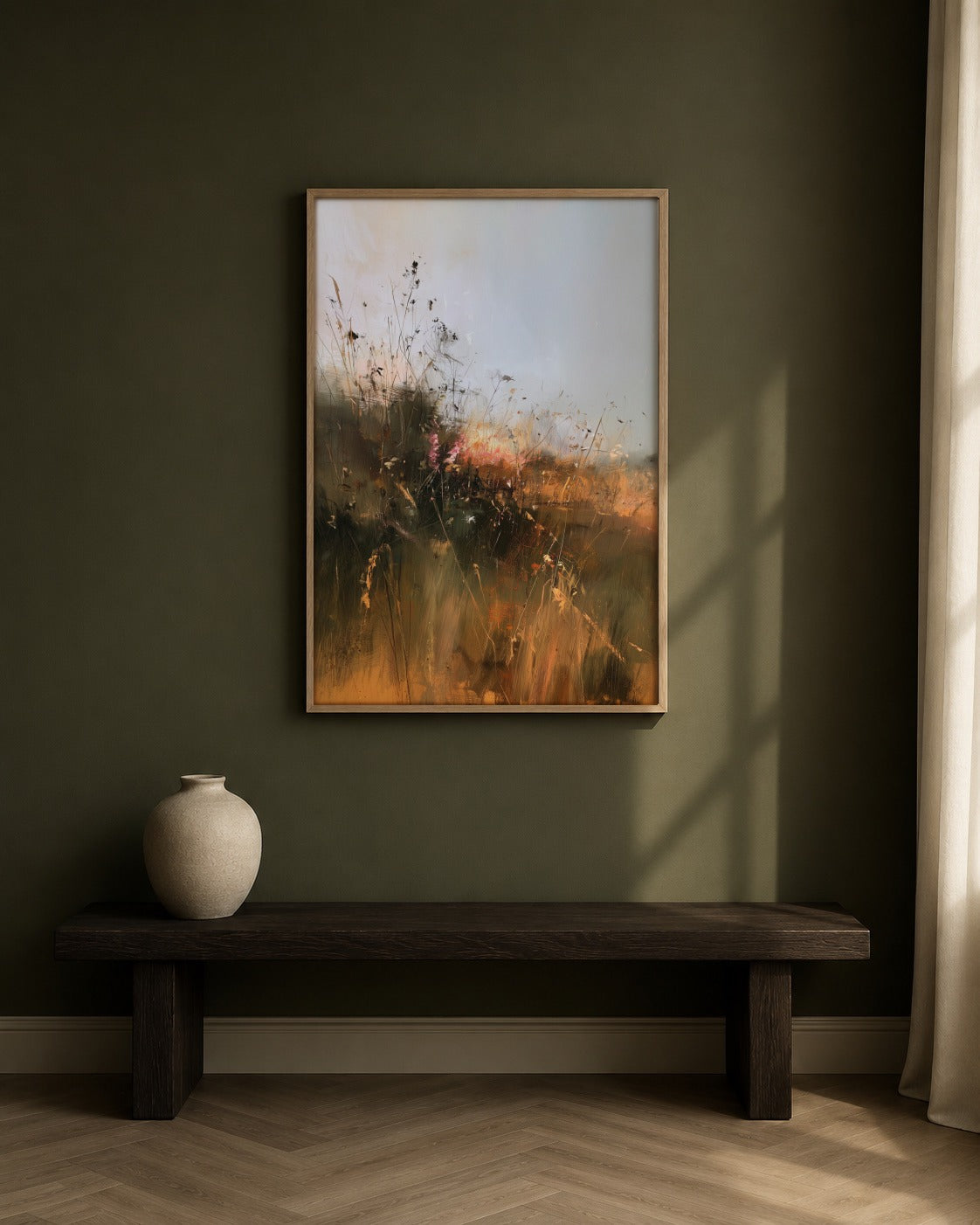At Golden Hour framed meadow artwork in a contemporary interior